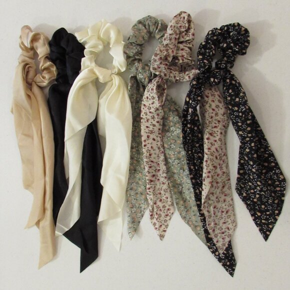 Ribbon Hair Ties 3 Solid/3 Floral NEW - Picture 1 of 7